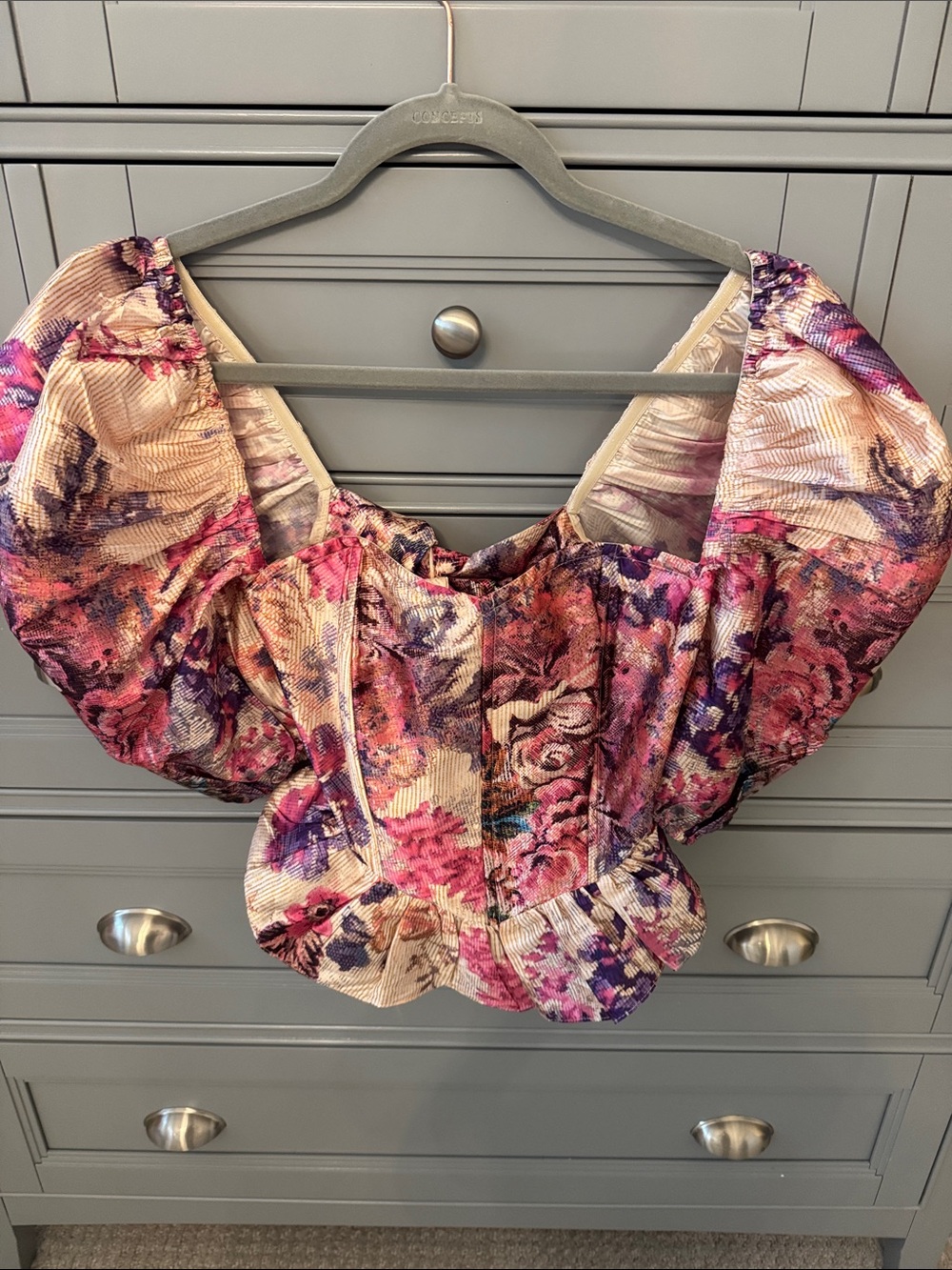 HEMANT & NANDITA Pink and Purple Floral Puff-Sleeve Corset Top